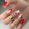 French Tip Press on Nails Medium Acrylic Nails with Flowers Design Almond Red cute animals Fake Nails Nude Nails for Women