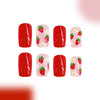 Press on Nails Medium Square RIICFDD Flower Fake Nails with Cute Strawberry and Floral Designs Nude Pink Full Cover False Nails Glue on Nails Summer French Nails