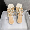 Womens Studded Flat Sandals Open Square Toe Rivets Strappy Slip on Slides Sandal