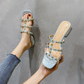 Womens Studded Flat Sandals Open Square Toe Rivets Strappy Slip on Slides Sandal