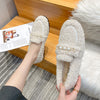 Furry Outer Wearing Flats Loafers Pearl Decor BacklessWild Fluffy Flat Mules Warm