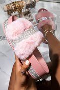 Luxury Designer Women Fur Rhinestone Slippers Platform Wedges Heel Solid Fluffy Furry Slides Outside Sexy Shoes Ladies