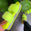 Luxury Designer Women Fur Rhinestone Slippers Platform Wedges Heel Solid Fluffy Furry Slides Outside Sexy Shoes Ladies