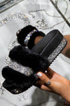 Luxury Designer Women Fur Rhinestone Slippers Platform Wedges Heel Solid Fluffy Furry Slides Outside Sexy Shoes Ladies