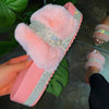 Luxury Designer Women Fur Rhinestone Slippers Platform Wedges Heel Solid Fluffy Furry Slides Outside Sexy Shoes Ladies