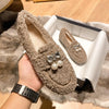 Furry Outer Wearing Flats Loafers Belt Bright diamond Bowknot BacklessWild Fluffy Flat Mules Warm